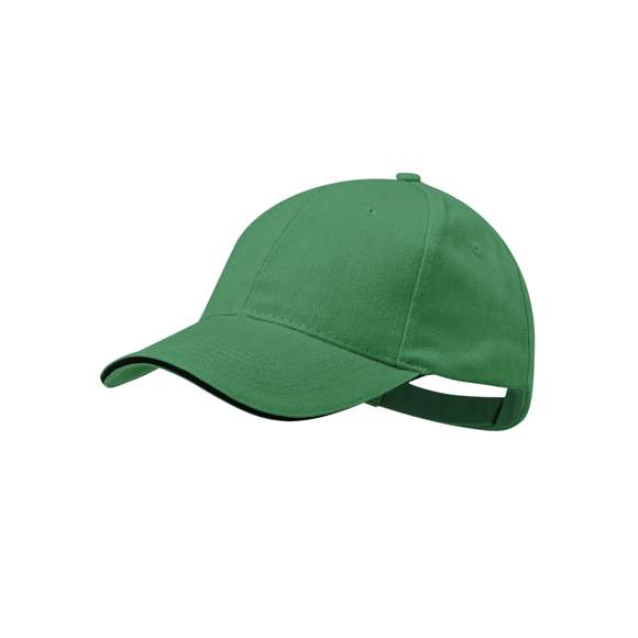Gorra de 6 paneles en material 100% algodón peinado. En variada gama de vivos colores, con sandwich en color y acolchado en visera. Orificios de ventilación bordados y cierre ajustable de velcro.