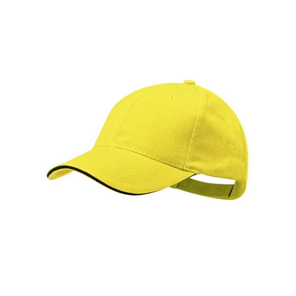 Gorra de 6 paneles en material 100% algodón peinado. En variada gama de vivos colores, con sandwich en color y acolchado en visera. Orificios de ventilación bordados y cierre ajustable de velcro.