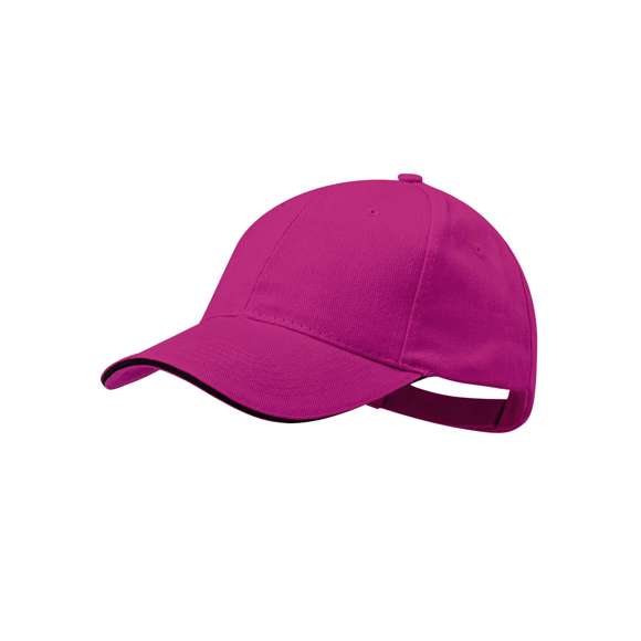 Gorra de 6 paneles en material 100% algodón peinado. En variada gama de vivos colores, con sandwich en color y acolchado en visera. Orificios de ventilación bordados y cierre ajustable de velcro.
