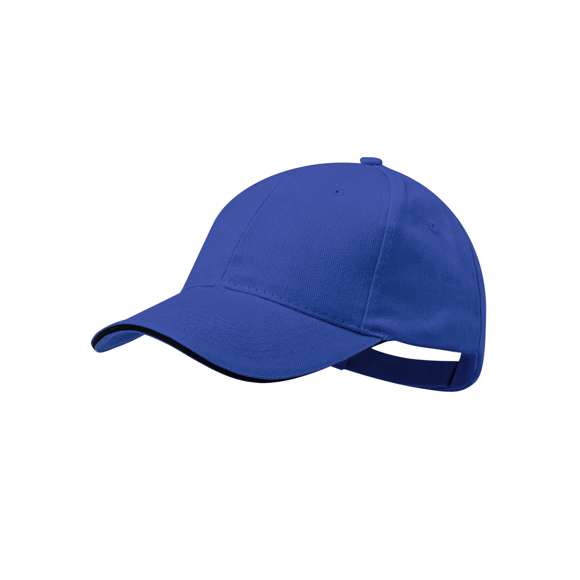 Gorra de 6 paneles en material 100% algodón peinado. En variada gama de vivos colores, con sandwich en color y acolchado en visera. Orificios de ventilación bordados y cierre ajustable de velcro.
