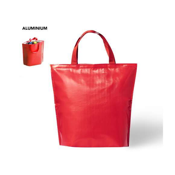 Bolsa nevera en resistente non-woven de acabado laminado brillante y cierre de velcro. Con cómodas asas de transporte en nylon a juego e interior isotermo en acabado de aluminio. Resistencia hasta 7kg de peso.