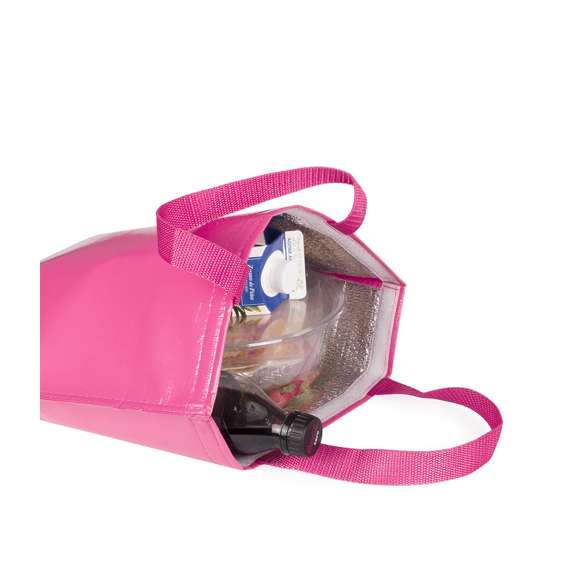 Bolsa nevera en resistente non-woven de acabado laminado brillante y cierre de velcro. Con cómodas asas de transporte en nylon a juego e interior isotermo en acabado de aluminio. Resistencia hasta 7kg de peso.
