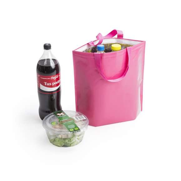 Bolsa nevera en resistente non-woven de acabado laminado brillante y cierre de velcro. Con cómodas asas de transporte en nylon a juego e interior isotermo en acabado de aluminio. Resistencia hasta 7kg de peso.