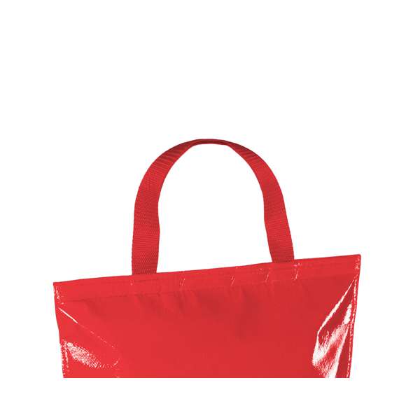 Bolsa nevera en resistente non-woven de acabado laminado brillante y cierre de velcro. Con cómodas asas de transporte en nylon a juego e interior isotermo en acabado de aluminio. Resistencia hasta 7kg de peso.