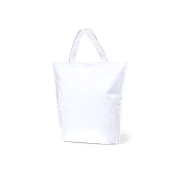 Bolsa nevera en resistente non-woven de acabado laminado brillante y cierre de velcro. Con cómodas asas de transporte en nylon a juego e interior isotermo en acabado de aluminio. Resistencia hasta 7kg de peso.