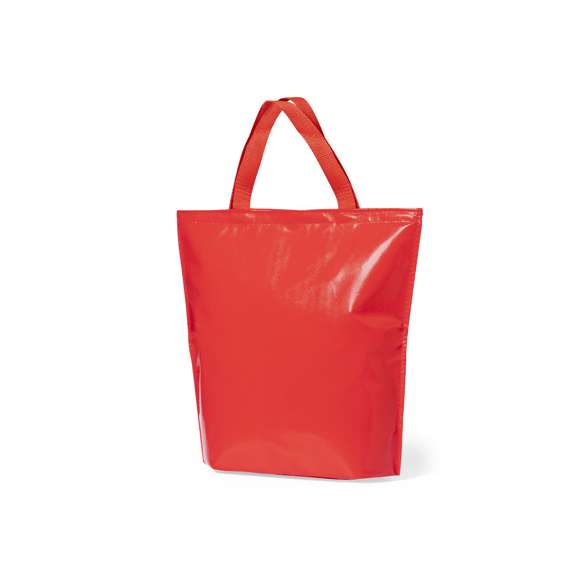 Bolsa nevera en resistente non-woven de acabado laminado brillante y cierre de velcro. Con cómodas asas de transporte en nylon a juego e interior isotermo en acabado de aluminio. Resistencia hasta 7kg de peso.