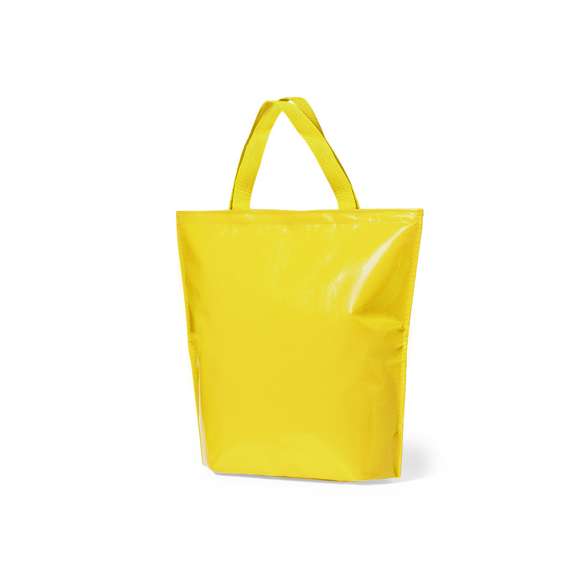 Bolsa nevera en resistente non-woven de acabado laminado brillante y cierre de velcro. Con cómodas asas de transporte en nylon a juego e interior isotermo en acabado de aluminio. Resistencia hasta 7kg de peso.