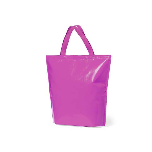Bolsa nevera en resistente non-woven de acabado laminado brillante y cierre de velcro. Con cómodas asas de transporte en nylon a juego e interior isotermo en acabado de aluminio. Resistencia hasta 7kg de peso.
