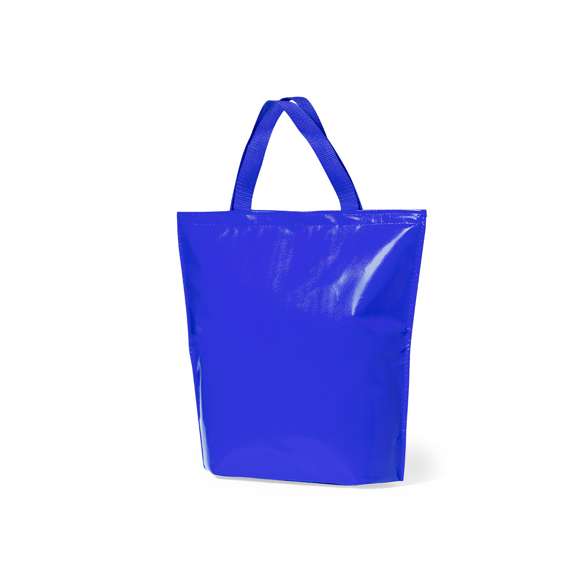 Bolsa nevera en resistente non-woven de acabado laminado brillante y cierre de velcro. Con cómodas asas de transporte en nylon a juego e interior isotermo en acabado de aluminio. Resistencia hasta 7kg de peso.