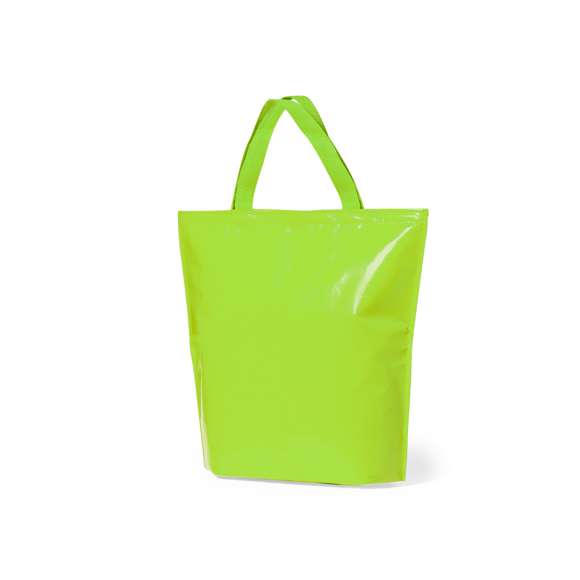 Bolsa nevera en resistente non-woven de acabado laminado brillante y cierre de velcro. Con cómodas asas de transporte en nylon a juego e interior isotermo en acabado de aluminio. Resistencia hasta 7kg de peso.