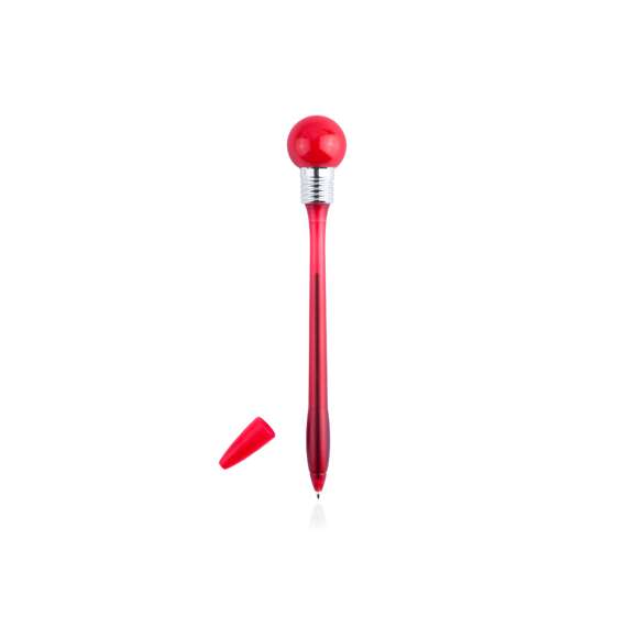 Divertido bolígrafo bombilla con cuerpo de suave acabado en vivos colores transparentes. Con linterna esférica de goma con luz a juego que se activa dejando caer el bolígrafo en una superficie dura. Capucha a juego y en tinta azul.