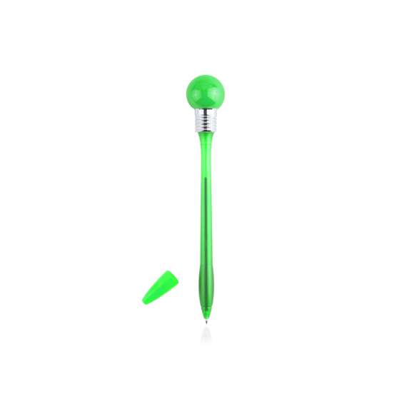 Divertido bolígrafo bombilla con cuerpo de suave acabado en vivos colores transparentes. Con linterna esférica de goma con luz a juego que se activa dejando caer el bolígrafo en una superficie dura. Capucha a juego y en tinta azul.