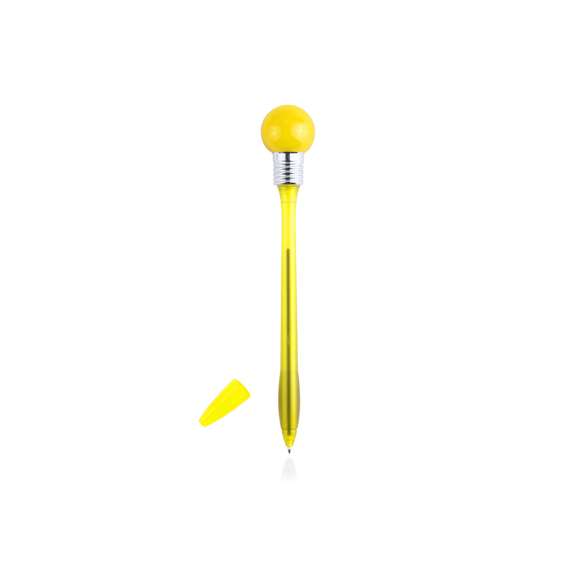 Divertido bolígrafo bombilla con cuerpo de suave acabado en vivos colores transparentes. Con linterna esférica de goma con luz a juego que se activa dejando caer el bolígrafo en una superficie dura. Capucha a juego y en tinta azul.