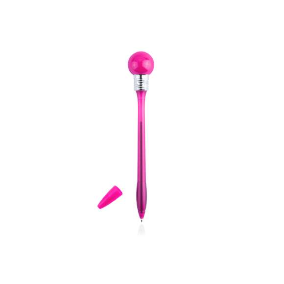 Divertido bolígrafo bombilla con cuerpo de suave acabado en vivos colores transparentes. Con linterna esférica de goma con luz a juego que se activa dejando caer el bolígrafo en una superficie dura. Capucha a juego y en tinta azul.