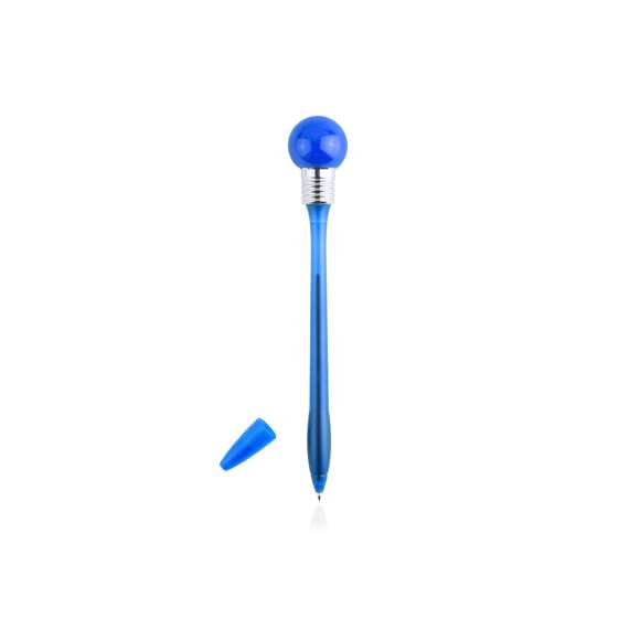 Divertido bolígrafo bombilla con cuerpo de suave acabado en vivos colores transparentes. Con linterna esférica de goma con luz a juego que se activa dejando caer el bolígrafo en una superficie dura. Capucha a juego y en tinta azul.