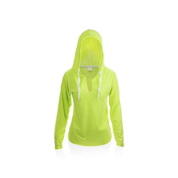  	Original camiseta de manga larga en diseño unisex. En combinación de materiales algodón/poliéster de 160g/m2, con capucha y cierre ajustable de cordón. En variada gama de vivos colores y versión en amarillo fluorescente. Disponible en tallas S, M, L, XL.