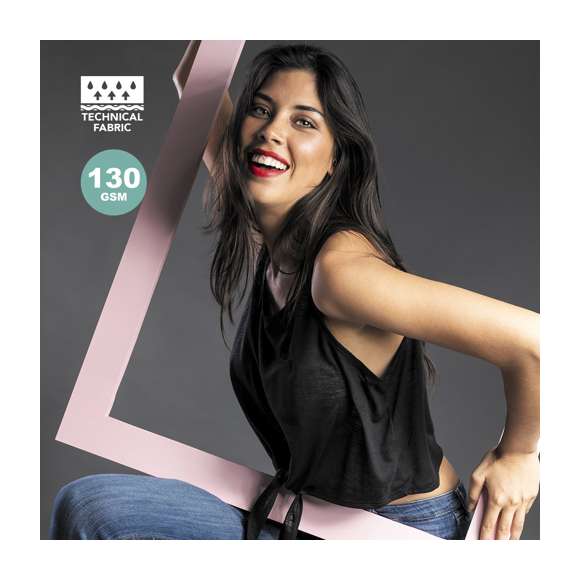  	Camiseta para chica en suave poliéster de 130g/m2. Con diseño en tirantes y con cierre frontal de nudo. Disponible en blanco y variada gama de vivos colores fluorescentes. Tallas S, M, L.