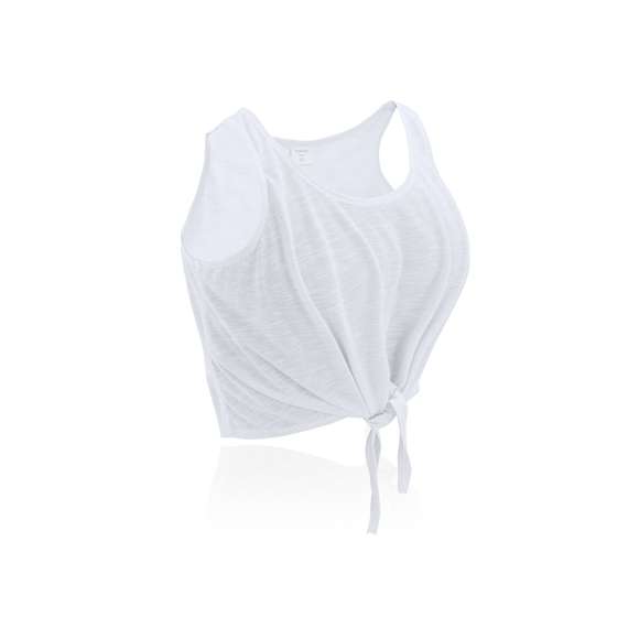  	Camiseta para chica en suave poliéster de 130g/m2. Con diseño en tirantes y con cierre frontal de nudo. Disponible en blanco y variada gama de vivos colores fluorescentes. Tallas S, M, L.