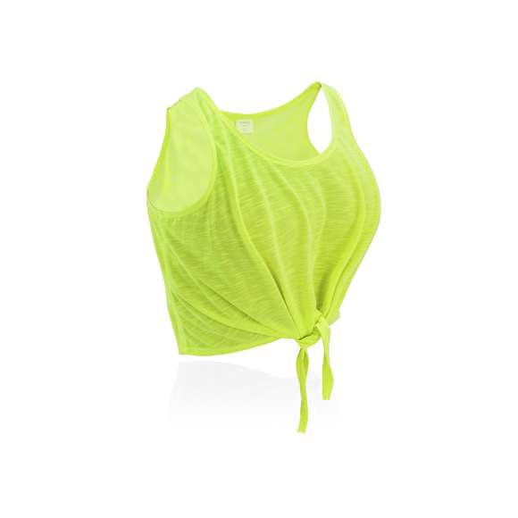  	Camiseta para chica en suave poliéster de 130g/m2. Con diseño en tirantes y con cierre frontal de nudo. Disponible en blanco y variada gama de vivos colores fluorescentes. Tallas S, M, L.