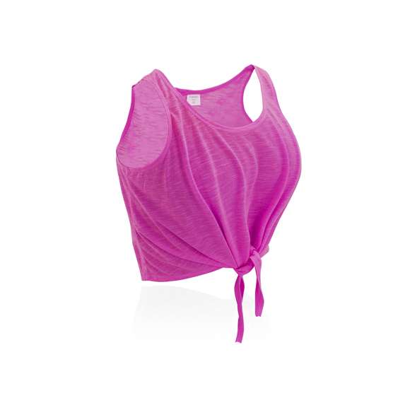  	Camiseta para chica en suave poliéster de 130g/m2. Con diseño en tirantes y con cierre frontal de nudo. Disponible en blanco y variada gama de vivos colores fluorescentes. Tallas S, M, L.