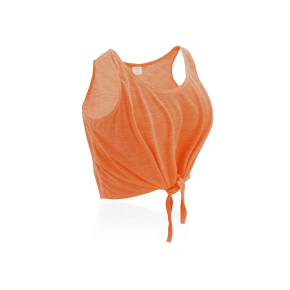  	Camiseta para chica en suave poliéster de 130g/m2. Con diseño en tirantes y con cierre frontal de nudo. Disponible en blanco y variada gama de vivos colores fluorescentes. Tallas S, M, L.