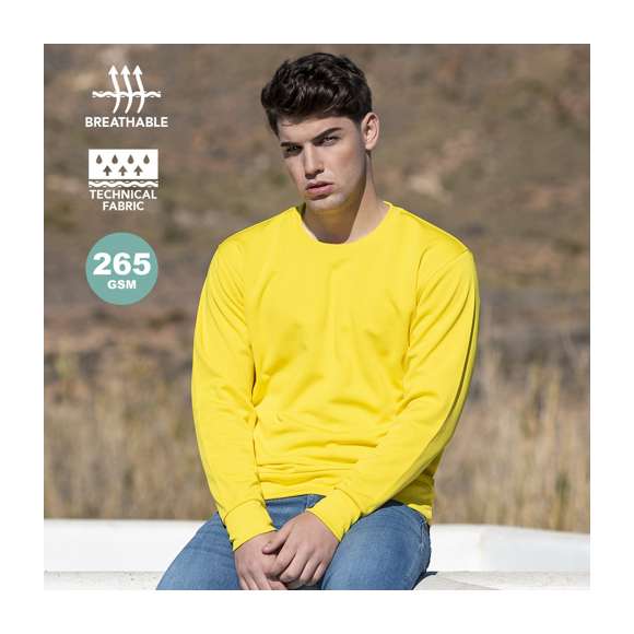 Sudadera técnica para adulto unisex. En material 100% poliéster de 265g/m2. Disponible en variada gama de vivos colores. Tallas S, M, L, XL, XXL.