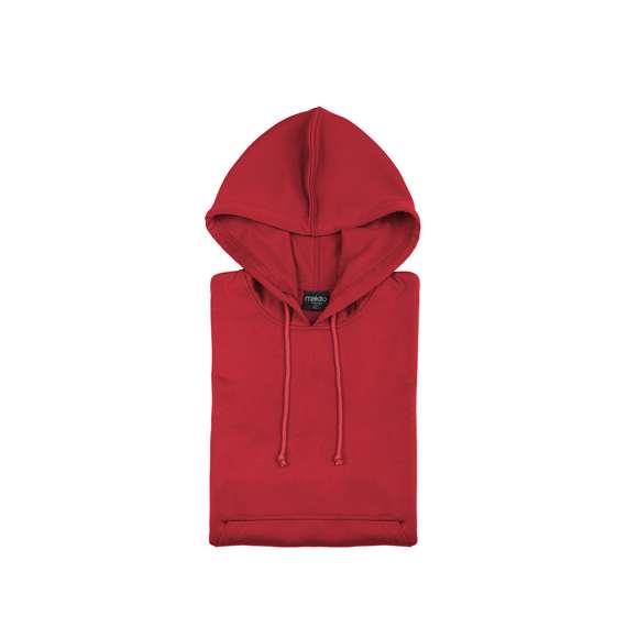 Sudadera técnica para adulto unisex. Con capucha, cintas de ajuste, bolsillo frontal con tapeta y en material 100% poliéster de 265g/m2. Disponible en variada gama de vivos colores. Tallas S, M, L, XL, XXL.