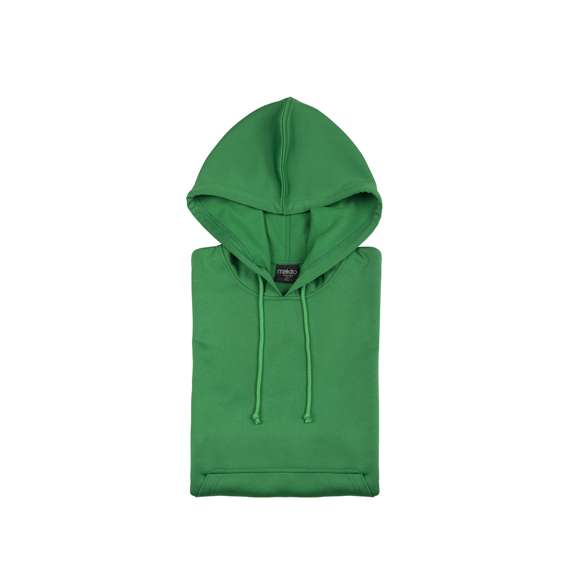 Sudadera técnica para adulto unisex. Con capucha, cintas de ajuste, bolsillo frontal con tapeta y en material 100% poliéster de 265g/m2. Disponible en variada gama de vivos colores. Tallas S, M, L, XL, XXL.