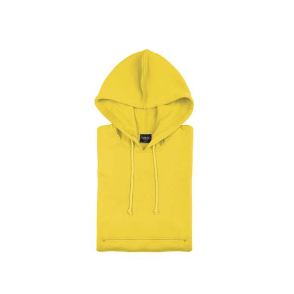 Sudadera técnica para adulto unisex. Con capucha, cintas de ajuste, bolsillo frontal con tapeta y en material 100% poliéster de 265g/m2. Disponible en variada gama de vivos colores. Tallas S, M, L, XL, XXL.