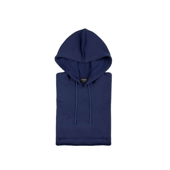 Sudadera técnica para adulto unisex. Con capucha, cintas de ajuste, bolsillo frontal con tapeta y en material 100% poliéster de 265g/m2. Disponible en variada gama de vivos colores. Tallas S, M, L, XL, XXL.