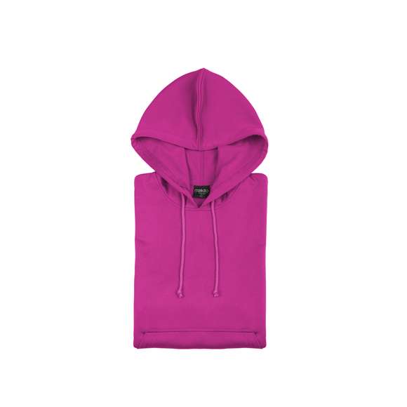 Sudadera técnica para adulto unisex. Con capucha, cintas de ajuste, bolsillo frontal con tapeta y en material 100% poliéster de 265g/m2. Disponible en variada gama de vivos colores. Tallas S, M, L, XL, XXL.