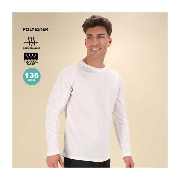 Camiseta técnica de manga larga para adulto, en material 100% poliéster transpirable de 135g/m2. Disponible en variada gama de vivos colores y en tallas S, M, L, XL, XXL.