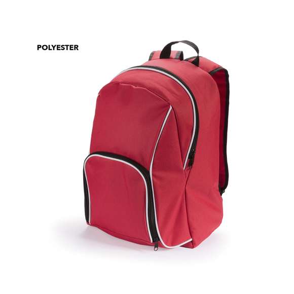 Mochila en resistente poliéster 600D de desenfadado diseño en variada gama de colores y con ribete de refuerzo en color blanco. Con cierre de cremallera de doble tirador, bolsillo frontal y bolsillos de redecilla elástica en los lados. Esquinas reforzadas y accesorios en negro. Espalda acolchada y cintas de hombros ajustables con acolchado.