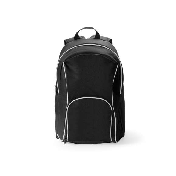 Mochila en resistente poliéster 600D de desenfadado diseño en variada gama de colores y con ribete de refuerzo en color blanco. Con cierre de cremallera de doble tirador, bolsillo frontal y bolsillos de redecilla elástica en los lados. Esquinas reforzadas y accesorios en negro. Espalda acolchada y cintas de hombros ajustables con acolchado.