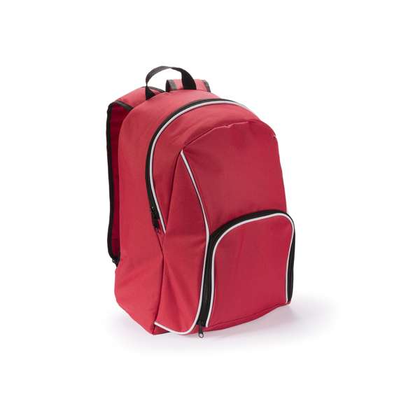 Mochila en resistente poliéster 600D de desenfadado diseño en variada gama de colores y con ribete de refuerzo en color blanco. Con cierre de cremallera de doble tirador, bolsillo frontal y bolsillos de redecilla elástica en los lados. Esquinas reforzadas y accesorios en negro. Espalda acolchada y cintas de hombros ajustables con acolchado.