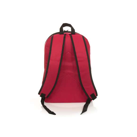 Mochila en resistente poliéster 600D de desenfadado diseño en variada gama de colores y con ribete de refuerzo en color blanco. Con cierre de cremallera de doble tirador, bolsillo frontal y bolsillos de redecilla elástica en los lados. Esquinas reforzadas y accesorios en negro. Espalda acolchada y cintas de hombros ajustables con acolchado.