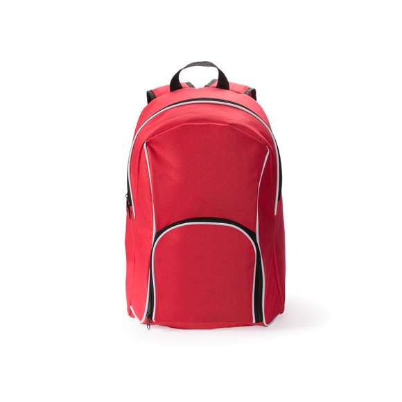 Mochila en resistente poliéster 600D de desenfadado diseño en variada gama de colores y con ribete de refuerzo en color blanco. Con cierre de cremallera de doble tirador, bolsillo frontal y bolsillos de redecilla elástica en los lados. Esquinas reforzadas y accesorios en negro. Espalda acolchada y cintas de hombros ajustables con acolchado.