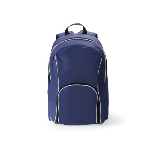 Mochila en resistente poliéster 600D de desenfadado diseño en variada gama de colores y con ribete de refuerzo en color blanco. Con cierre de cremallera de doble tirador, bolsillo frontal y bolsillos de redecilla elástica en los lados. Esquinas reforzadas y accesorios en negro. Espalda acolchada y cintas de hombros ajustables con acolchado.