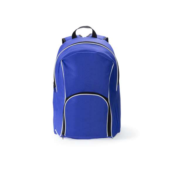 Mochila en resistente poliéster 600D de desenfadado diseño en variada gama de colores y con ribete de refuerzo en color blanco. Con cierre de cremallera de doble tirador, bolsillo frontal y bolsillos de redecilla elástica en los lados. Esquinas reforzadas y accesorios en negro. Espalda acolchada y cintas de hombros ajustables con acolchado.