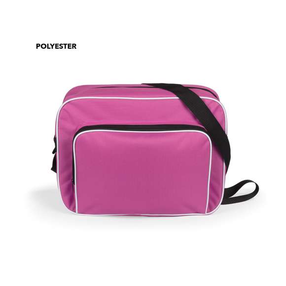 Bolso multiusos en resistente poliéster 600D de desenfadado diseño bicolor en amplia gama de colores, con ribetes de refuerzo en color blanco. Compartimento principal y bolsillo exterior con cierre de cremallera en color negro. Con resistente cinta bandolera ajustable en color negro. Base reforzada con superficie antideslizante.