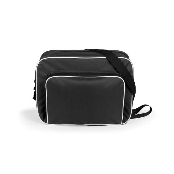 Bolso multiusos en resistente poliéster 600D de desenfadado diseño bicolor en amplia gama de colores, con ribetes de refuerzo en color blanco. Compartimento principal y bolsillo exterior con cierre de cremallera en color negro. Con resistente cinta bandolera ajustable en color negro. Base reforzada con superficie antideslizante.