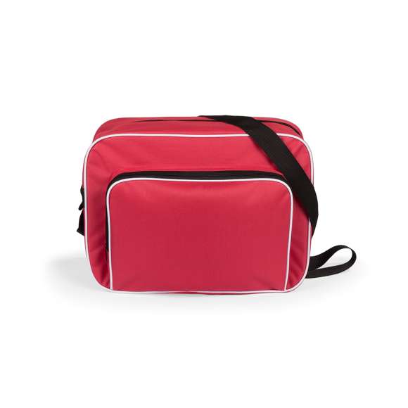Bolso multiusos en resistente poliéster 600D de desenfadado diseño bicolor en amplia gama de colores, con ribetes de refuerzo en color blanco. Compartimento principal y bolsillo exterior con cierre de cremallera en color negro. Con resistente cinta bandolera ajustable en color negro. Base reforzada con superficie antideslizante.