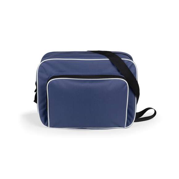 Bolso multiusos en resistente poliéster 600D de desenfadado diseño bicolor en amplia gama de colores, con ribetes de refuerzo en color blanco. Compartimento principal y bolsillo exterior con cierre de cremallera en color negro. Con resistente cinta bandolera ajustable en color negro. Base reforzada con superficie antideslizante.