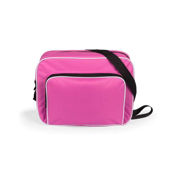 Bolso multiusos en resistente poliéster 600D de desenfadado diseño bicolor en amplia gama de colores, con ribetes de refuerzo en color blanco. Compartimento principal y bolsillo exterior con cierre de cremallera en color negro. Con resistente cinta bandolera ajustable en color negro. Base reforzada con superficie antideslizante.