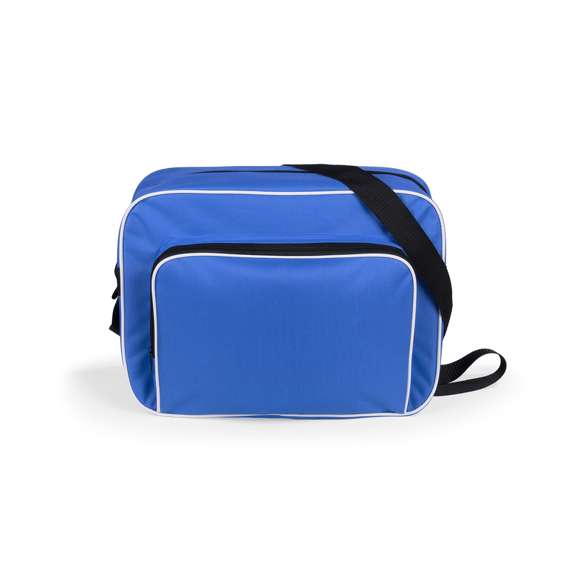 Bolso multiusos en resistente poliéster 600D de desenfadado diseño bicolor en amplia gama de colores, con ribetes de refuerzo en color blanco. Compartimento principal y bolsillo exterior con cierre de cremallera en color negro. Con resistente cinta bandolera ajustable en color negro. Base reforzada con superficie antideslizante.