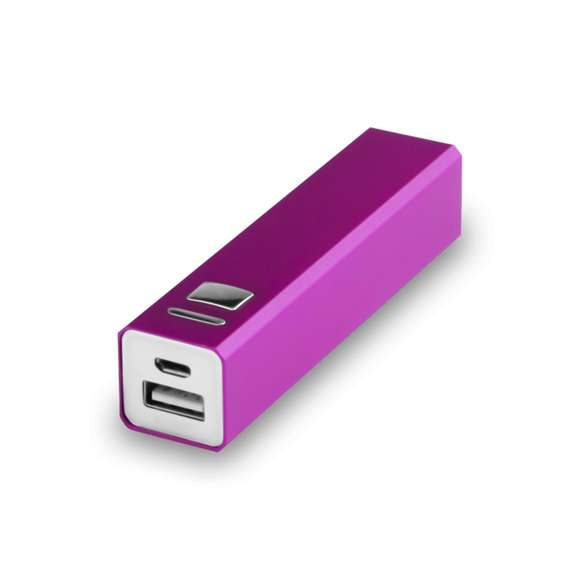 Batería auxiliar externa de aluminio con capacidad de carga de 2.200 mAh. Práctico botón lateral con indicador LED de carga, fácil de transportar gracias a su reducido tamaño y disponible en una amplia gama de colores. Especialmente diseñada para impresión láser. Incluye cable micro USB y se presenta en una atractiva caja de diseño.