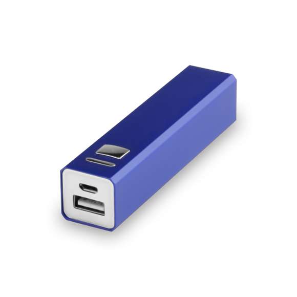 Batería auxiliar externa de aluminio con capacidad de carga de 2.200 mAh. Práctico botón lateral con indicador LED de carga, fácil de transportar gracias a su reducido tamaño y disponible en una amplia gama de colores. Especialmente diseñada para impresión láser. Incluye cable micro USB y se presenta en una atractiva caja de diseño.