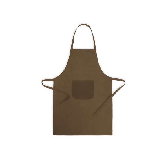 Delantal fabricado en tejido TC, combinación de algodón y poliéster. En el frontal incluye un práctico bolsillo, con cordones ajustables en la cintura y corte por debajo de la rodilla. Disponible en amplia gama de colores.