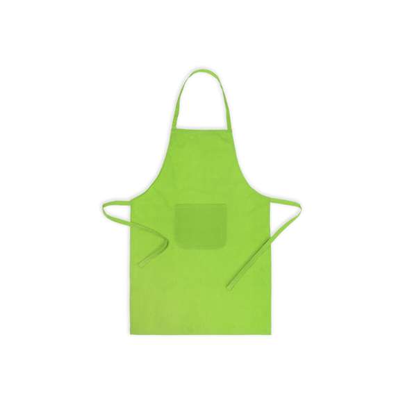 Delantal fabricado en tejido TC, combinación de algodón y poliéster. En el frontal incluye un práctico bolsillo, con cordones ajustables en la cintura y corte por debajo de la rodilla. Disponible en amplia gama de colores.