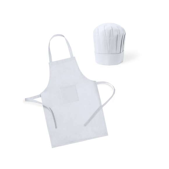  	Set infantil de delantal y gorro de cocina en non-woven de vivos colores. Delantal con bolsillo frontal y cintas de ajuste.